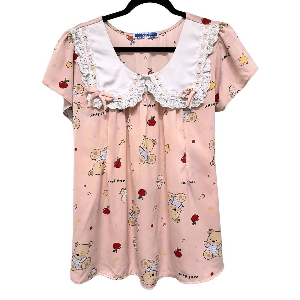 VTG Girly Pink Teddy Bear Twee Peter Pan Lace Ribbon Collar Kawaii Babydoll
